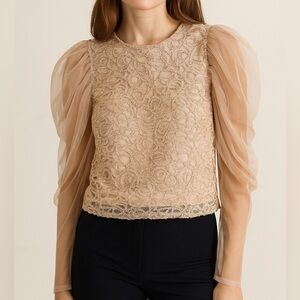 Akira Rumors And Lies Puff Sleeve Sheer Lace Gold Embroidered Top Party M NWT